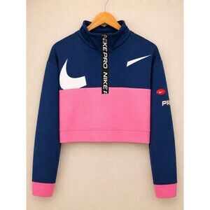 NIKE Pro Dri-FIT Women's 1/2-Zip Training Pullover Size XS Cropped Blue Pink